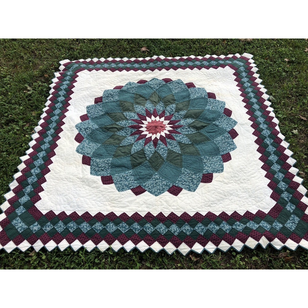 Vtg Patchwork Quilt 84x84 Chrysanthemum Pattern Hand Stitch USA Burgundy Green